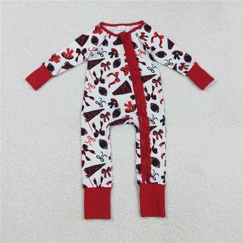 RTS Sibling Baby Girls Winter Rompers Long Sleeve Bow Ruffle Football Team Zipper Romper for Toddlers