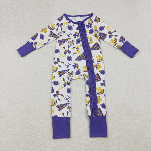 9.29 RTS NO MOQ （In stock）LR2513 Baby Girls Winter Rompers Baby Girls Team Purple Bows Footballs Ruffle Zipper Footie Rompers