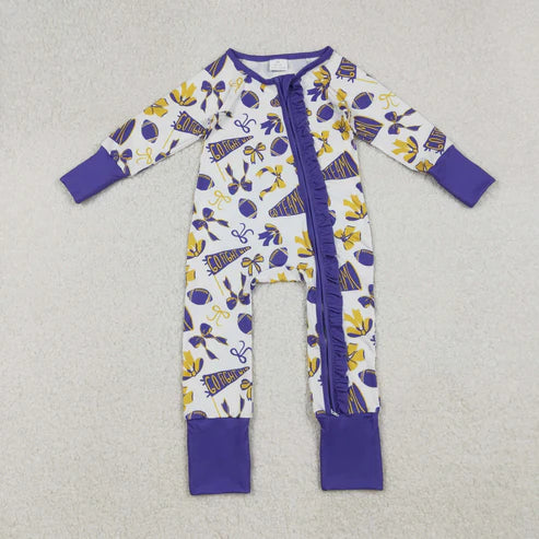 11.15 RST Sibling Baby Girls Purple Bows Footballs Go Team Ruffle Zipper Romper Knee Length Dresses