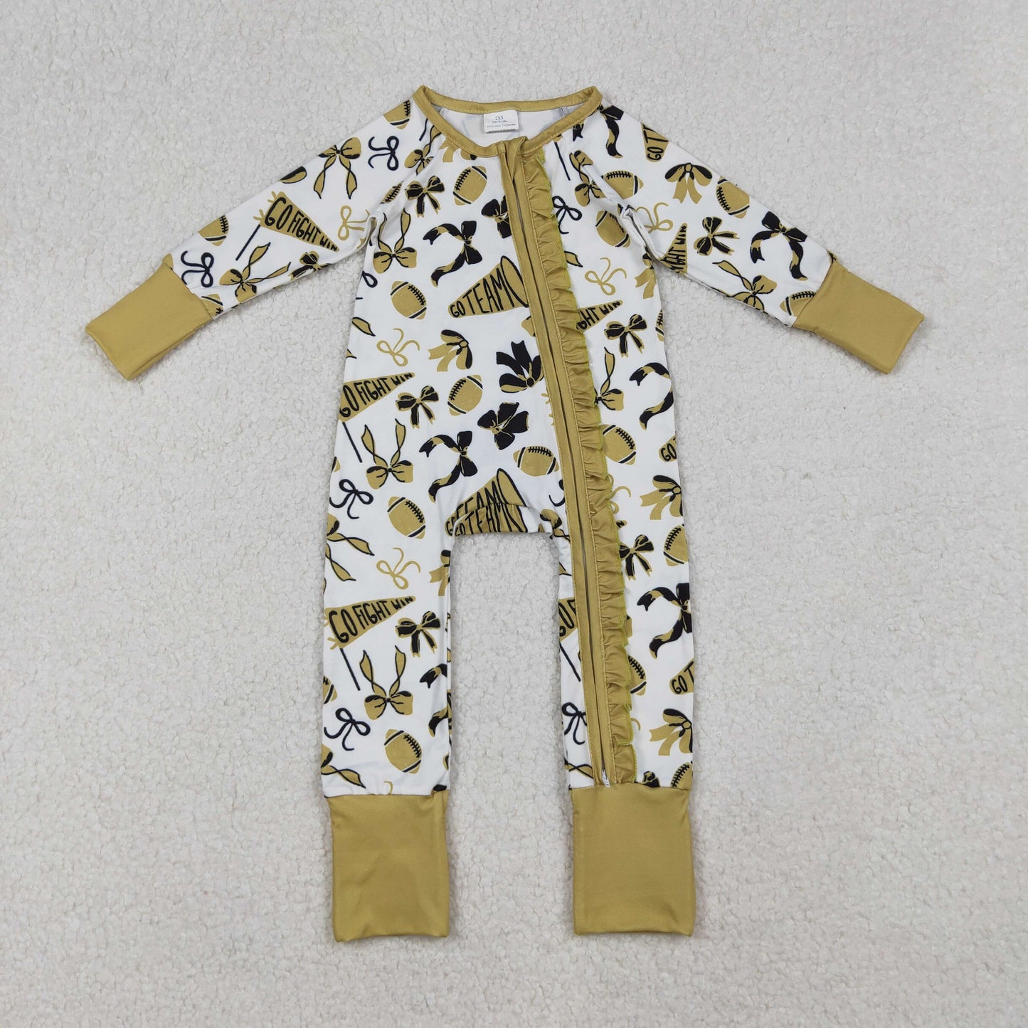 RTS NO MOQ （In stock）LR2515 Baby Girls Winter Rompers Golden Bows Footballs Ruffle Zipper Team Rompers