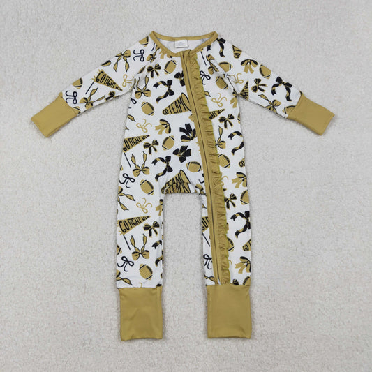 RTS NO MOQ （In stock）LR2515 Baby Girls Winter Rompers Golden Bows Footballs Ruffle Zipper Team Rompers