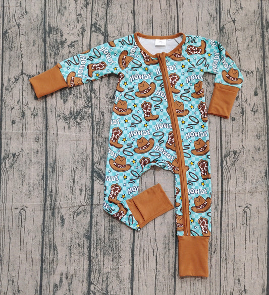 10.13 LR2517 Sample No Moq Baby Boys Western Howdy Hats Plaid Zipper Footie Rompers
