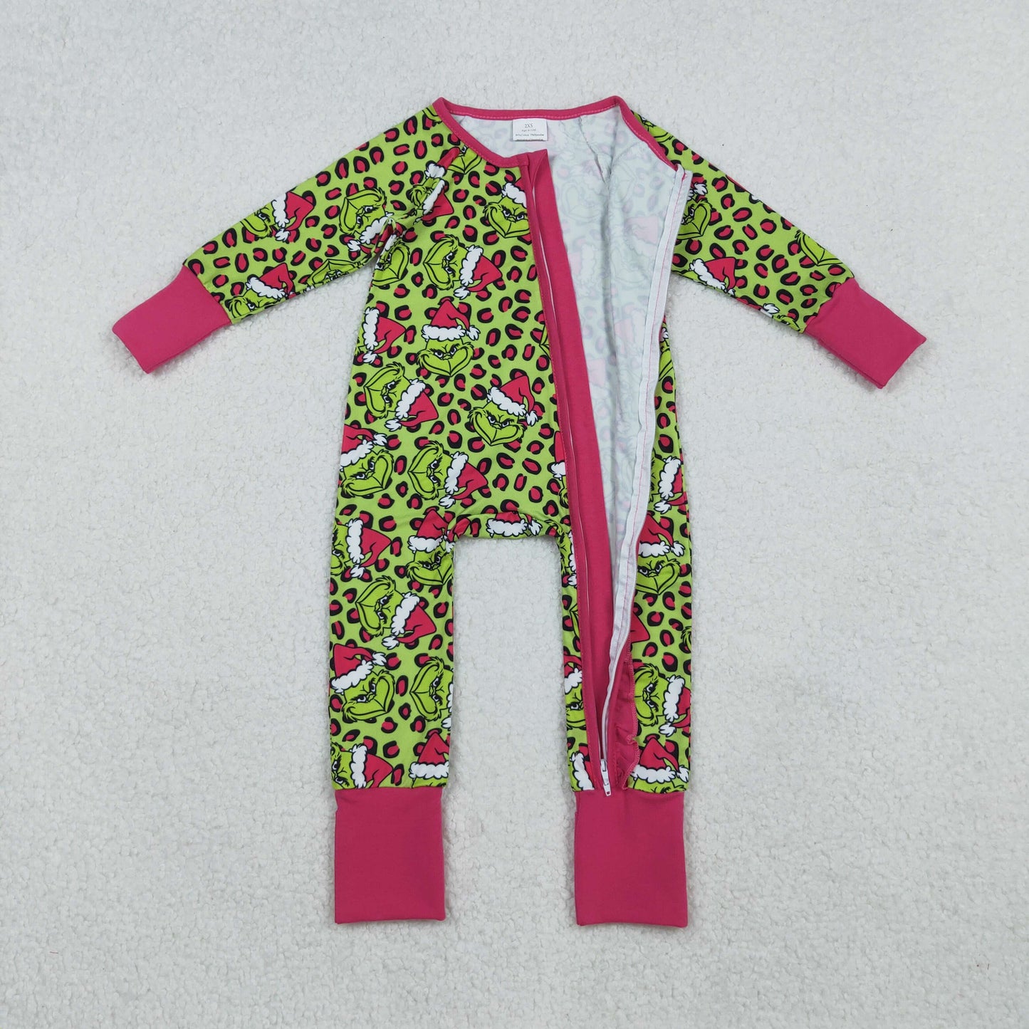 10.15 RTS NO MOQ （In stock）LR2520 Baby Girls Winter Rompers Baby Girls Leopard Hats Grin Christmas Ruffle Zipper Footie Rompers
