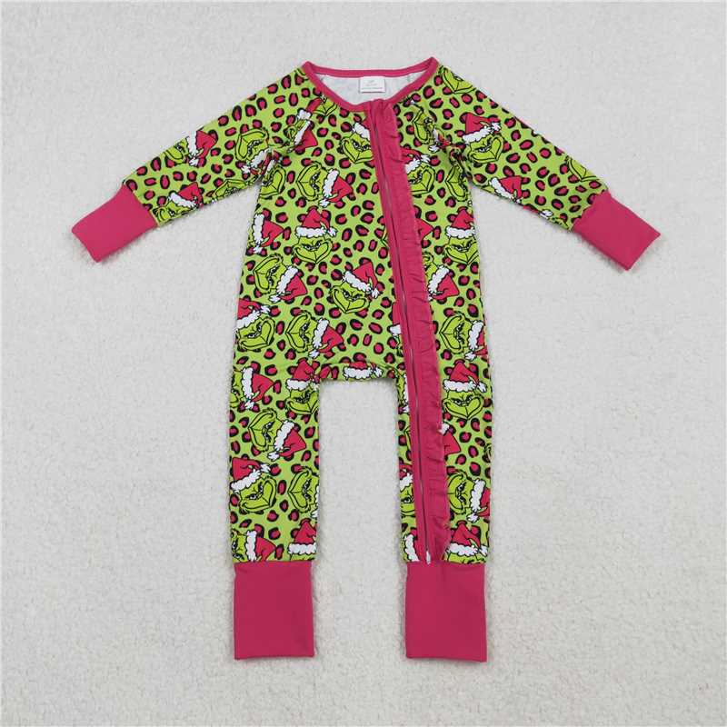 11.25 RTS NO MOQ （In stock）LR2520 Baby Girls Winter Rompers Baby Girls Leopard Hats Grin Christmas Ruffle Zipper Footie Rompers
