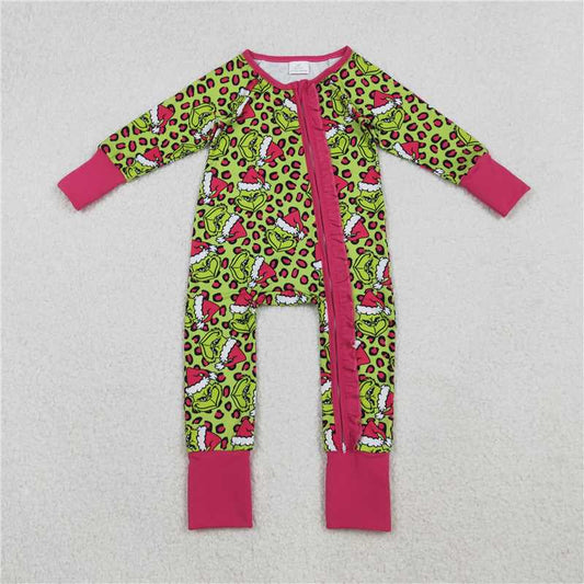 11.25 RTS NO MOQ （In stock）LR2520 Baby Girls Winter Rompers Baby Girls Leopard Hats Grin Christmas Ruffle Zipper Footie Rompers