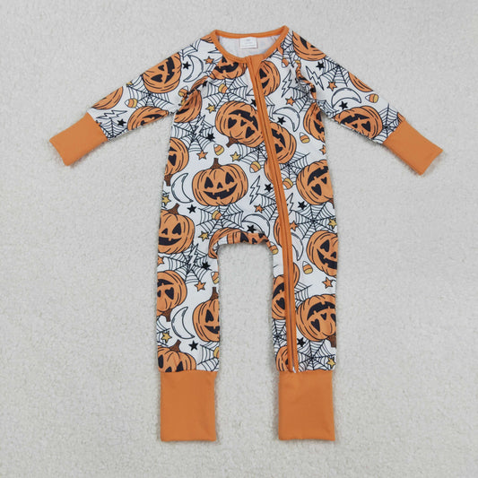 RTS NO MOQ （In stock）LR2528 Baby Boys Winter Rompers Spider Web Pumpkins Halloween Zipper Footie Rompers