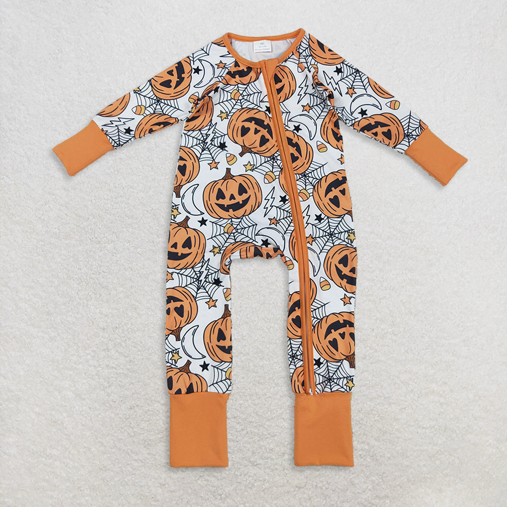 RTS Sibling Baby Girls Winter Outfits Orange Long Sleeve Halloween Pajamas with Pumpkin And Spider Design
