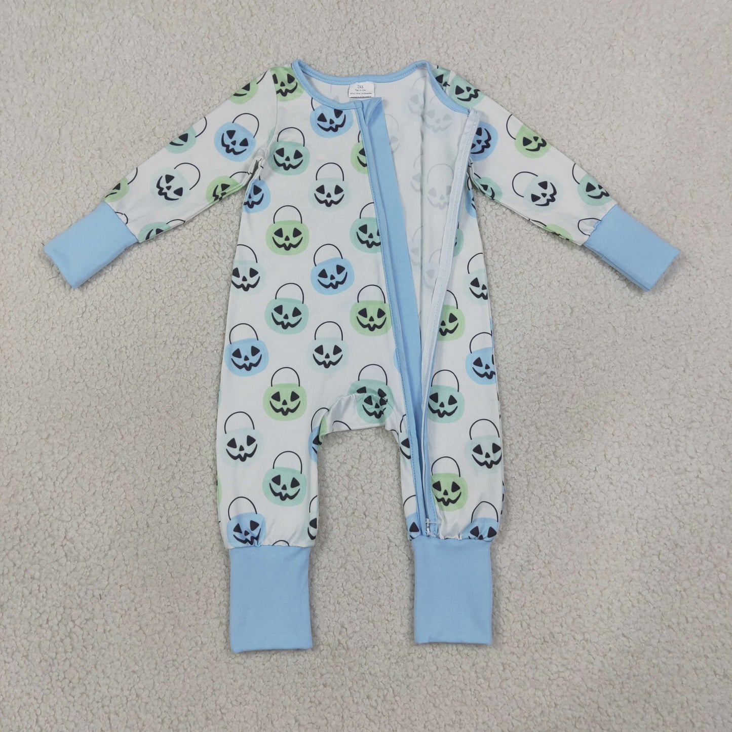 LR2534 RTS NO MOQ （In stock）Light blue pumpkin basket baby boy Halloween zipper romper