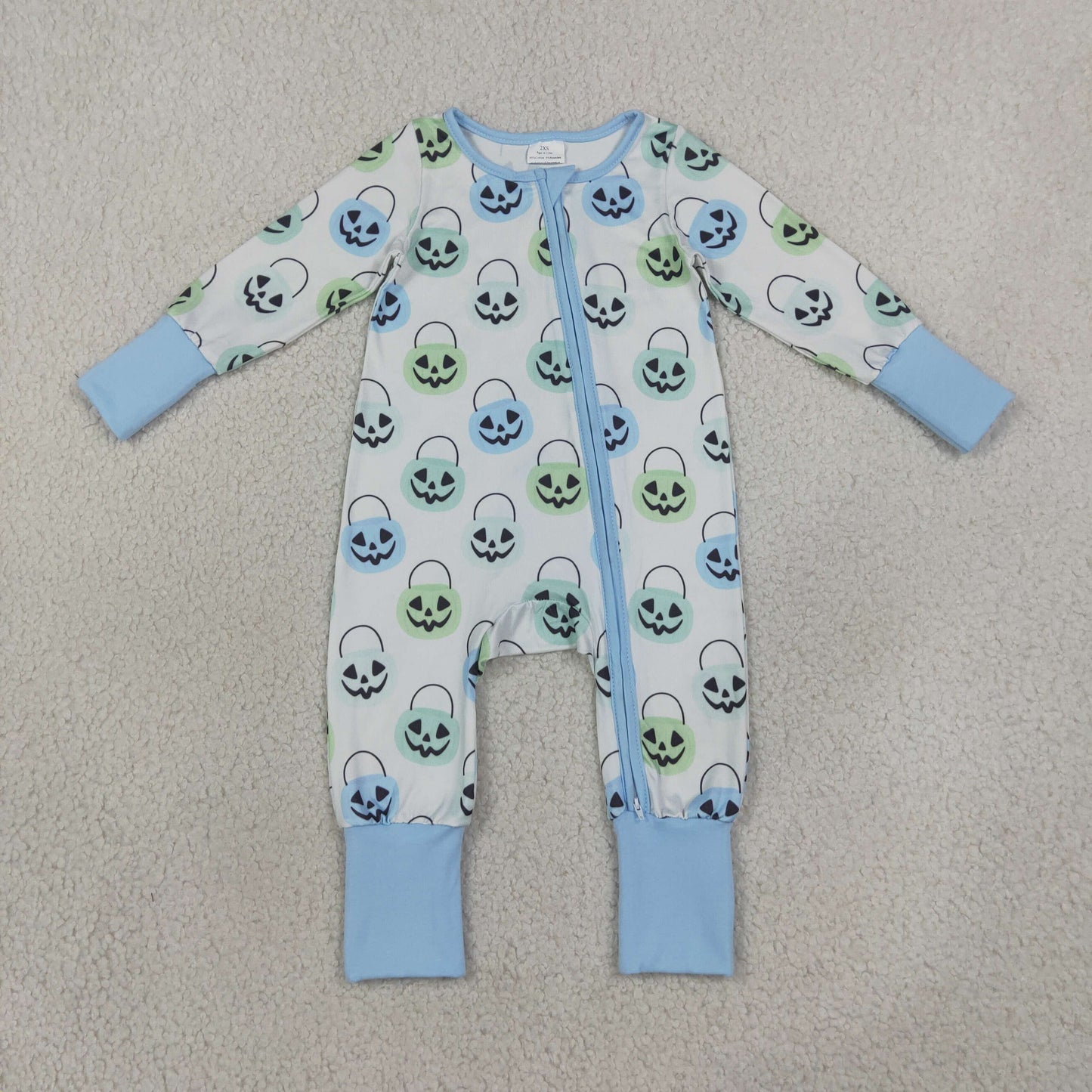 LR2534 RTS NO MOQ （In stock）Light blue pumpkin basket baby boy Halloween zipper romper