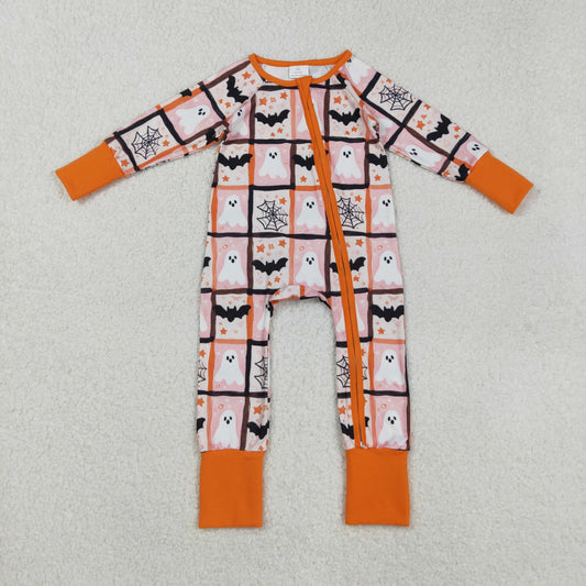 RTS NO MOQ （In stock）LR2539 Baby Boys Winter Rompers Ghosts Bats Halloween Zippered Footie Rompers for Infants Comfortable Spooky Costume Onesie