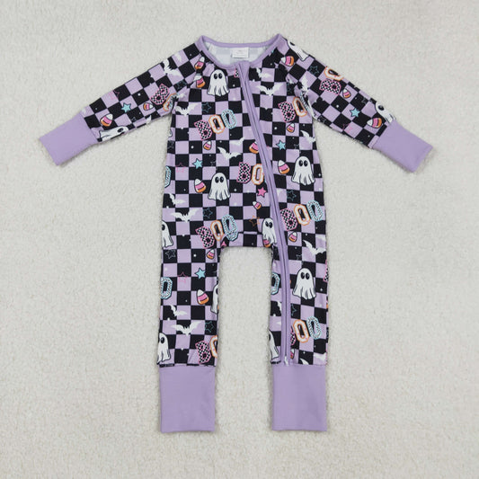 RTS NO MOQ （In stock）LR2541 Baby Girls Winter Rompers Lavender Plaid Boo Ghost Girls Halloween Zipper Romper for Kids Cute Scary Monster Costume Outfit
