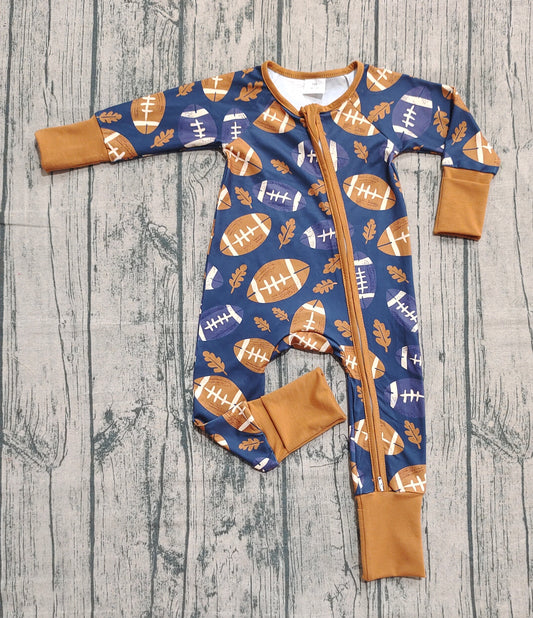 9.15 LR2543 Sample No Moq Fast Coming Baby Boys Leaves Footballs Plaid Fall Zipper Footie Rompers