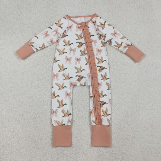 10.1 RTS NO MOQ （In stock）LR2545 Baby Girls Winter Rompers Baby Girls Ducks Bows Plaid Ruffle Zipper Footie Rompers
