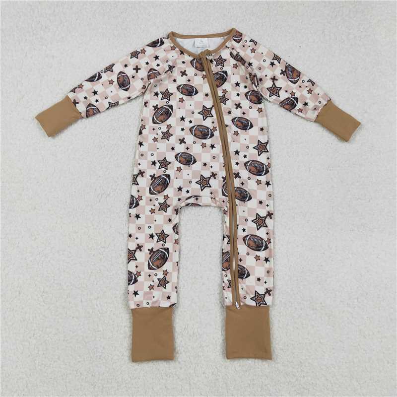 9.29 RTS Sibling Baby Boys Girls Khaki Checked Footballs Pullovers Pockets Pants Team Clothes Sets Zipper Footie Rompers