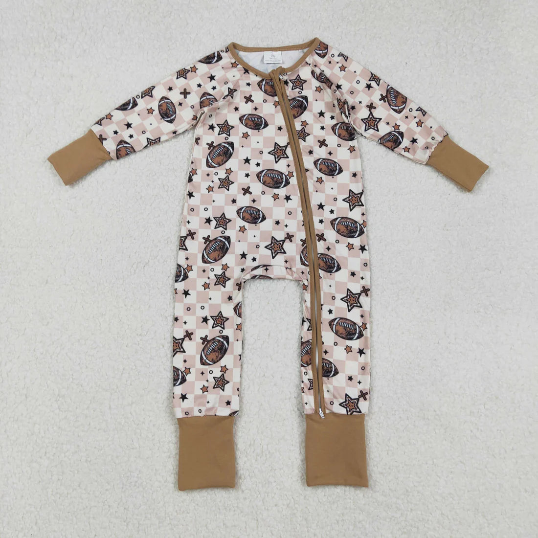 12.11 RTS Sibling Baby Kids Footballs Baseballs Stars Checked Team Two Way Zip Convertible Rompers