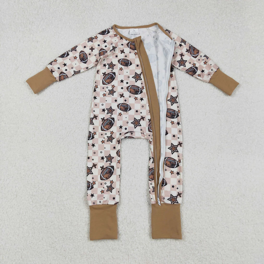 12.11 RTS Sibling Baby Kids Footballs Baseballs Stars Checked Team Two Way Zip Convertible Rompers