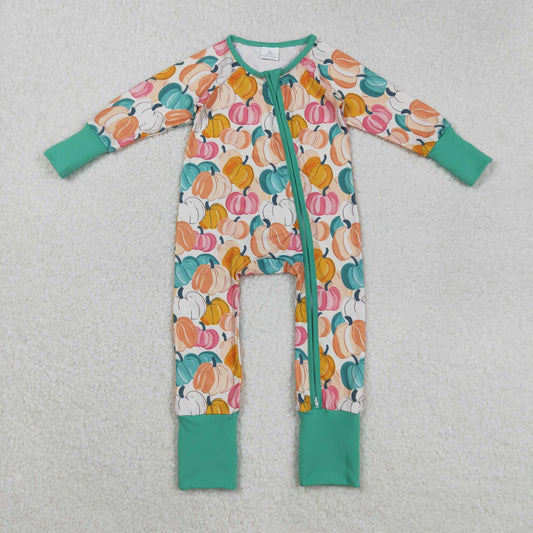 RTS NO MOQ （In stock）LR2552 Baby Boys Winter Rompers Baby Boys Colorful Pumpkins Plaid Fall Zipper Footie Rompers