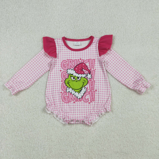 10.1 RTS NO MOQ （In stock）LR2554 Baby Girls Winter Rompers Baby Girls Pink Checked Green Face Christmas Ruffle Sleeve Rompers