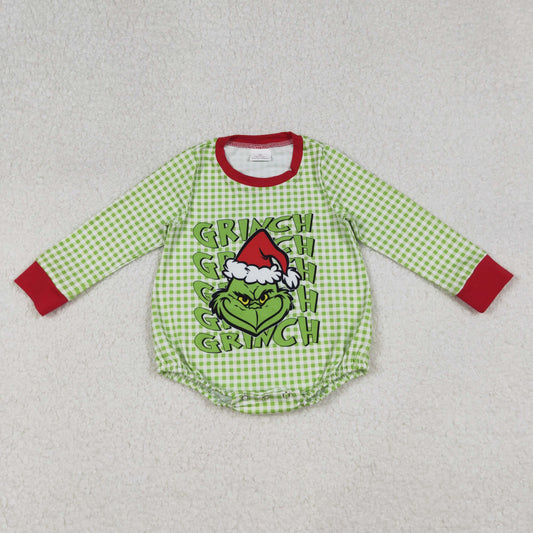 9.29 RTS NO MOQ （In stock）LR2555 Baby Boys Winter Rompers Baby Boys Green Face Christmas Checked Rompers