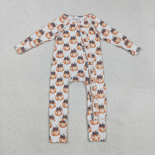 RTS NO MOQ （In stock）LR2557 Baby Boys Winter Rompers Black Plaid Bow Pumpkin Zipper Romper for Baby Girls Fall Season Outfit