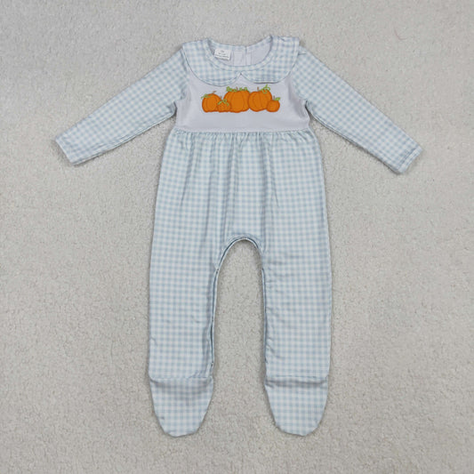RTS NO MOQ （In stock）LR2560Baby Girls Winter Rompers Embroidery Pumpkins Blue Plaid Fall Footed Rompers