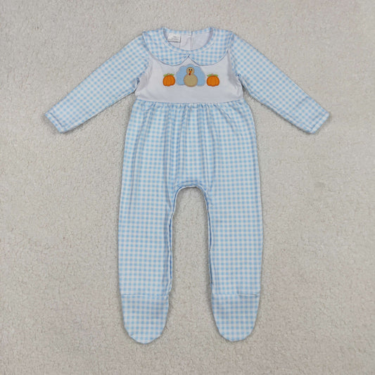 RTS NO MOQ （In stock）LR2561 Baby Boys Winter Rompers Embroidery Pumpkins Turkey Baby Infant Thanksgiving Fall Footed Rompers