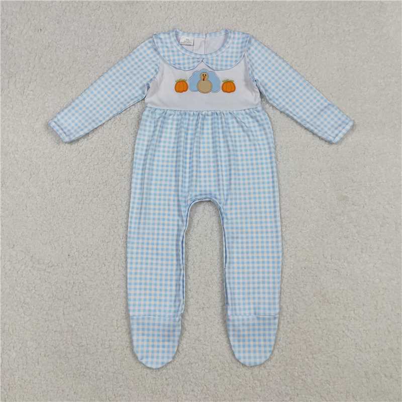 RTS Sibling Baby Girls Boys Thanksgiving Plaid Pumpkin Turkey Baby Footed Romper Baby Bodysuit for Holiday Outfit