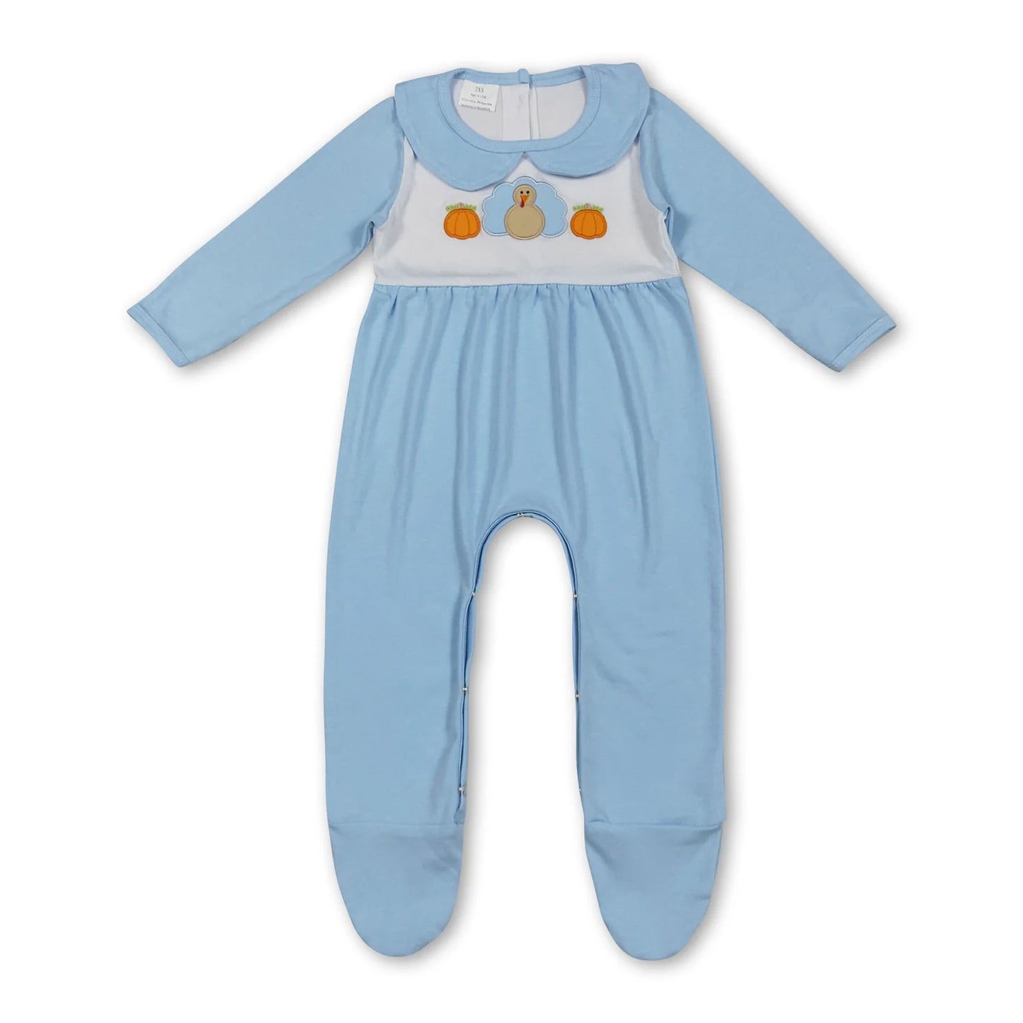 10.10 RTS Sibling Embroidery Pumpkins Turkey Baby Infant Thanksgiving Fall Footed Rompers