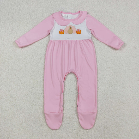 RTS NO MOQ （In stock）LR2563 Baby Girls Winter Rompers Embroidery Pumpkins Turkey Baby Thanksgiving Pink Fall Footed Rompers