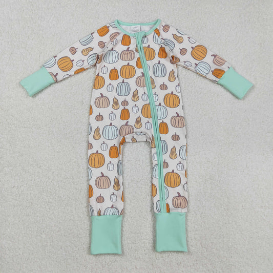 RTS NO MOQ （In stock）LR2565 Baby Boys Winter Rompers Green Pumpkins Fall Zipper Footie Rompers for Infants