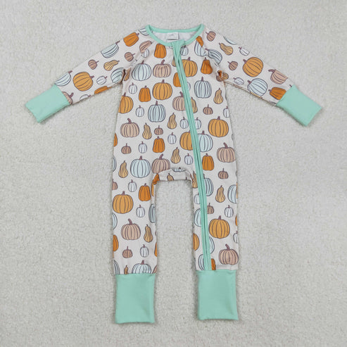 9.24 RTS Sibling Baby Boys Colorful Pumpkins Fall Zipper Footie Rompers Pajamas Sets