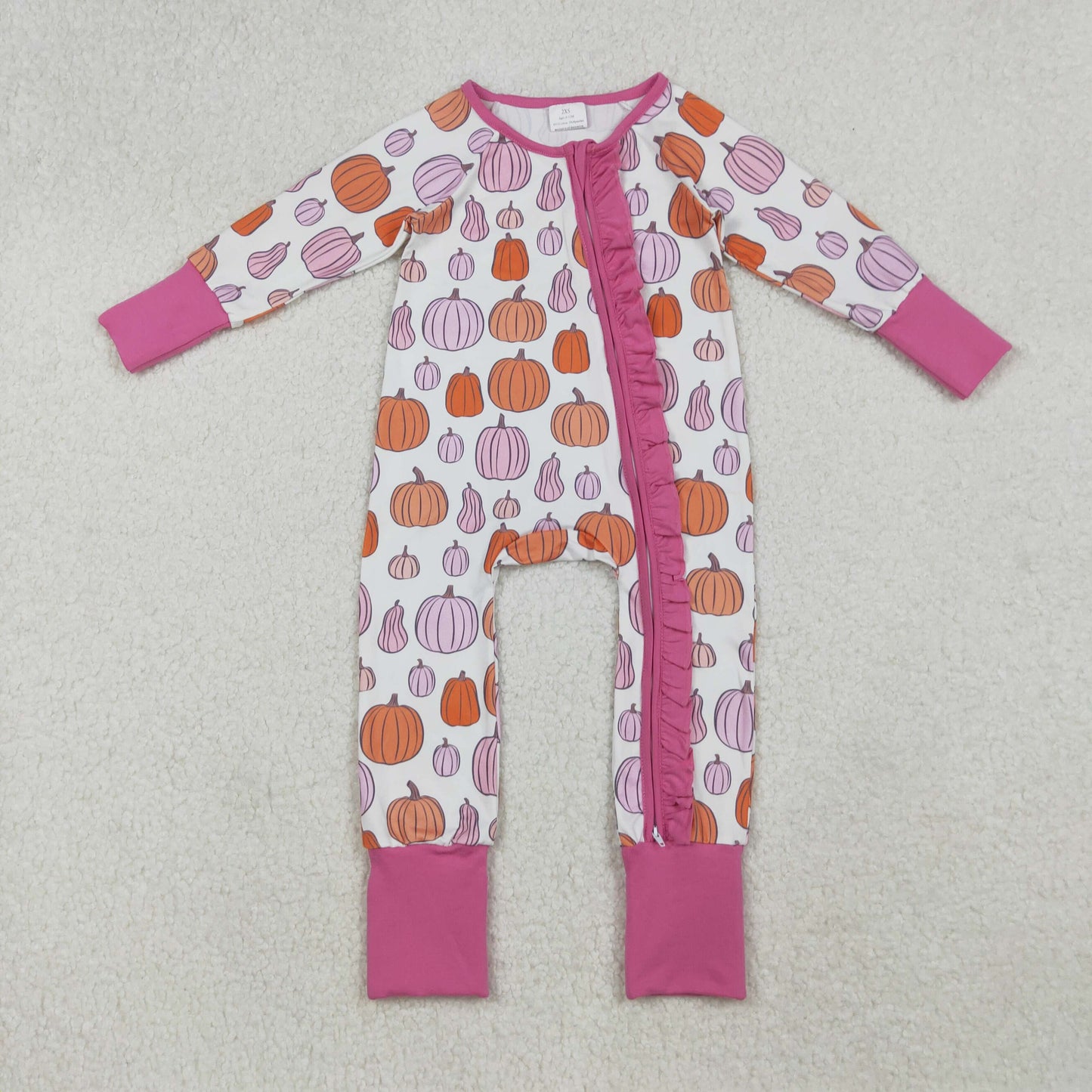 RTS NO MOQ （In stock） LR2566 Baby Girls Winter Rompers Colorful Pumpkins Fall Ruffle Zipper Footie Rompers