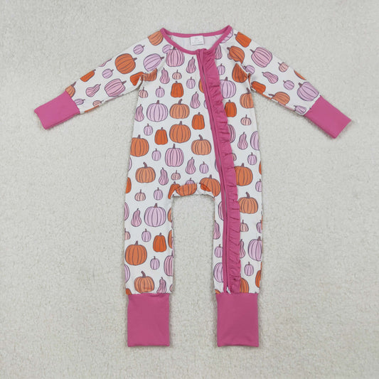 RTS NO MOQ （In stock） LR2566 Baby Girls Winter Rompers Colorful Pumpkins Fall Ruffle Zipper Footie Rompers