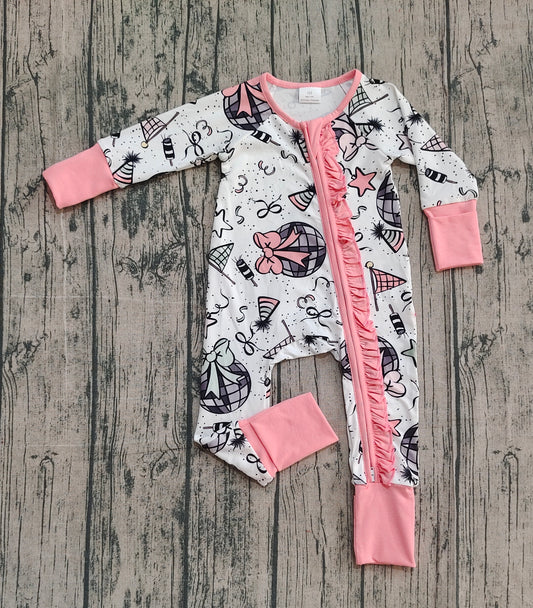 9.29 LR2571 Sample No Moq Baby Girls Happy New Year Ruffle Zipper Footie Rompers