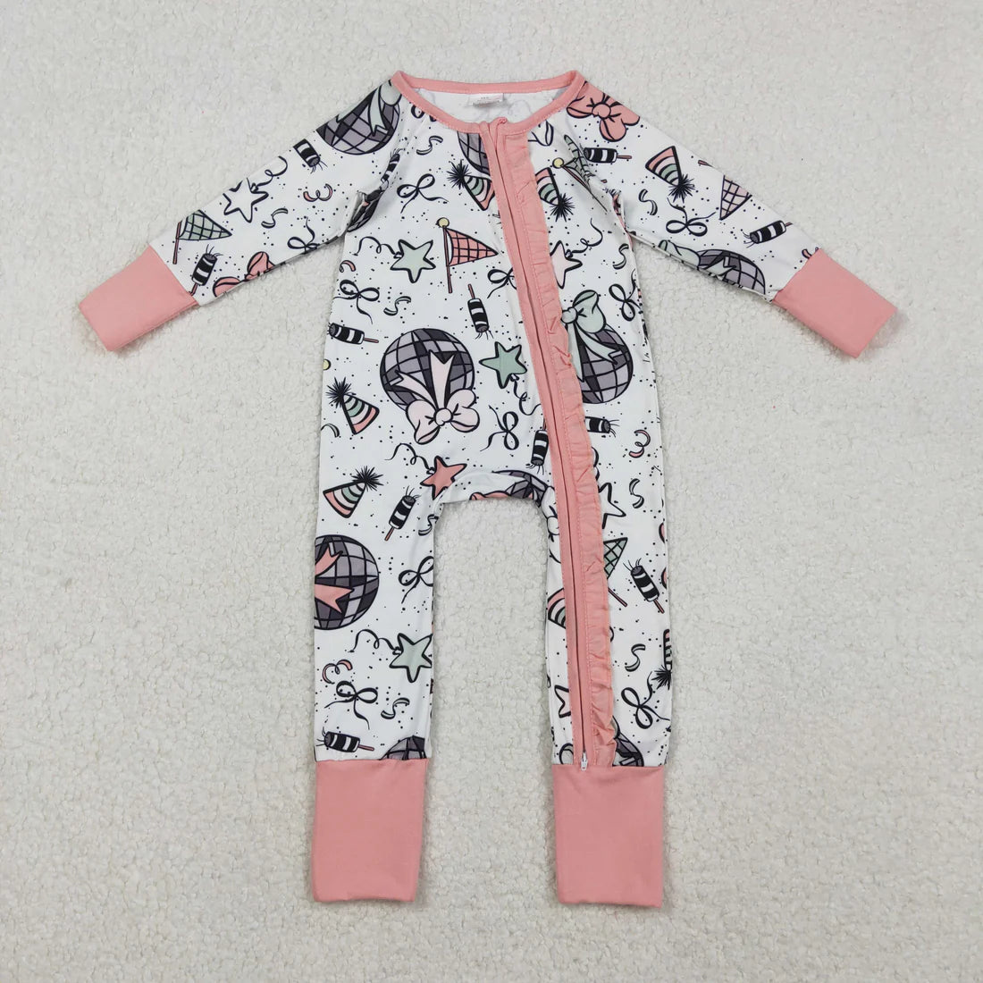 10.23 RTS Sibling Baby Girls Happy New Year Ruffle Pants Pajamas Sets Two Way Zip Convertible Rompers