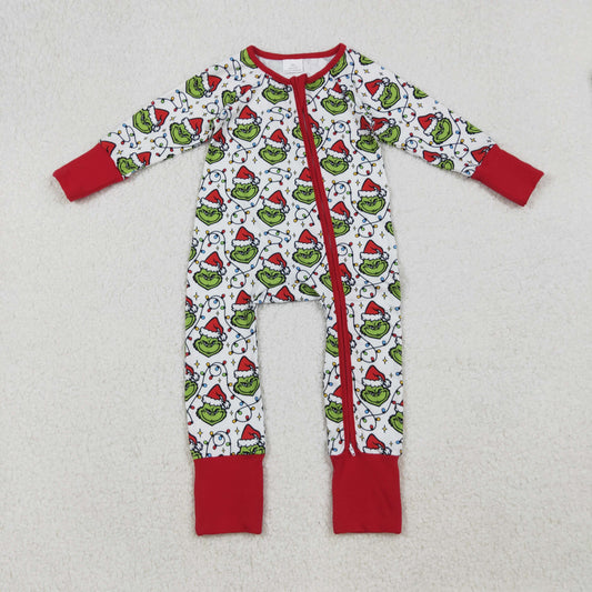 RTS NO MOQ （In stock）LR2574 Baby Boys Winter Rompers Christmas Lights Green Face Plaid Zipper Footie Rompers