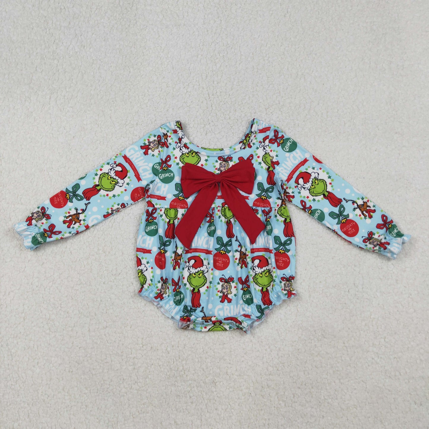 RTS NO MOQ （In stock） LR2575 Baby Girls Winter Rompers Christmas Green Face Holly Ruffle Rompers