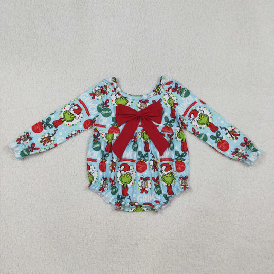 RTS NO MOQ （In stock） LR2575 Baby Girls Winter Rompers Christmas Green Face Holly Ruffle Rompers