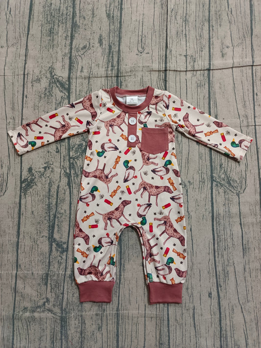 1.9 LR2576 Sample No Moq Baby Boys Ducks Dogs Button Pocket Hunting Footie Rompers