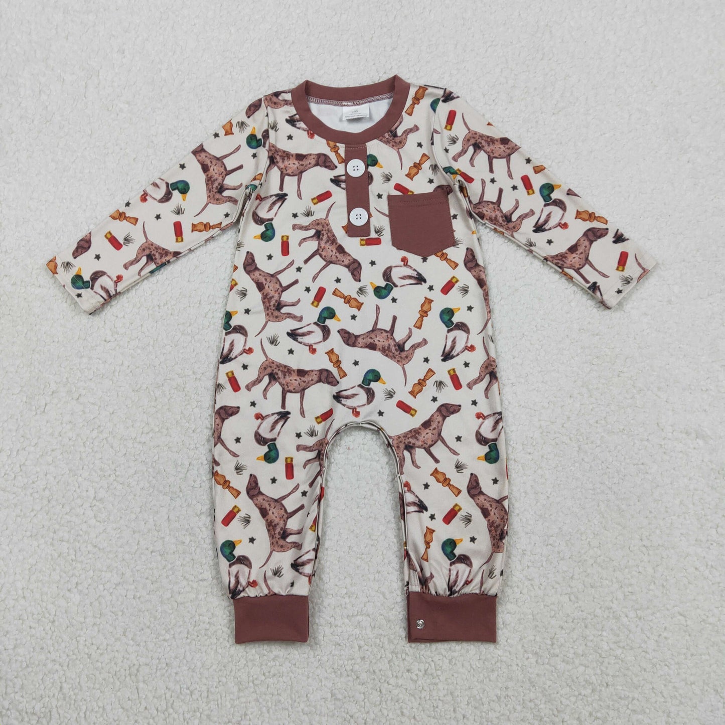 1.27 RTS NO MOQ （In stock）LR2576 Baby Boys Long Sleeve Ducks Dogs Button Pocket Hunting Rompers