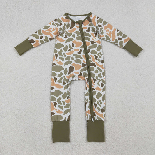 RTS NO MOQ （In stock）LR2578 Baby Boys Winter Rompers Green Yellow Camo Western Zipper Footie Rompers