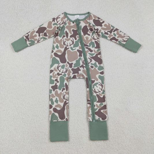 RTS NO MOQ （In stock）LR2582 Baby Boys Winter Rompers Brown Deer Camo Western Zipper Footie Rompers