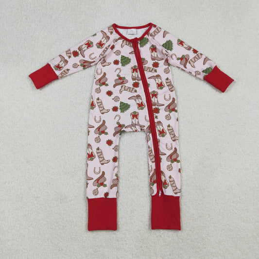 RTS NO MOQ （In stock） LR2584 Baby Girls Winter Rompers Holly Boots Christmas Zipper Footie Rompers