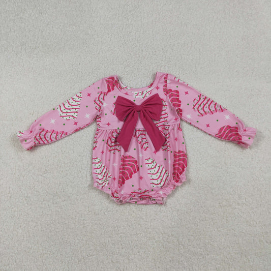 9.27 RTS NO MOQ （In stock）LR2586 Baby Girls Winter Rompers Baby Girls Pink Stripe Trees Stars Bow Top Christmas Ruffle Rompers