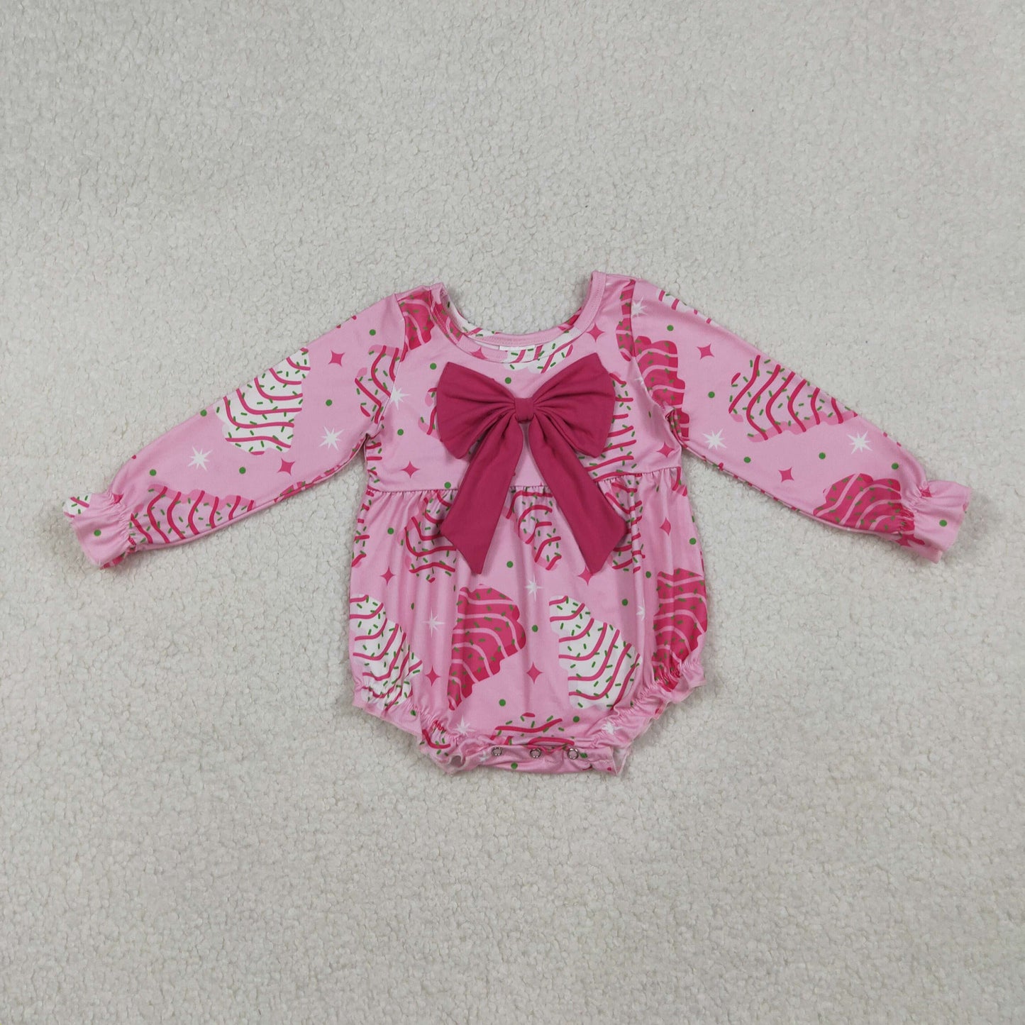 9.30 RTS Sibling Baby Girls Pink Christmas Trees Stars Bows Ruffle Knee Length Dresses Rompers