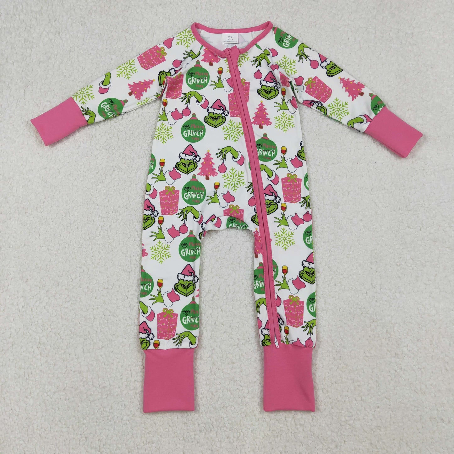 RTS NO MOQ （In stock）LR2588 Baby Girls Winter Rompers Green Face Gifts Christmas Zipper Footie Rompers