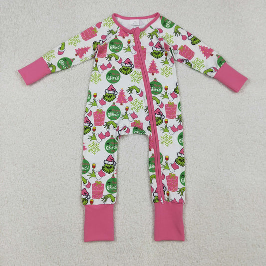 RTS NO MOQ （In stock）LR2588 Baby Girls Winter Rompers Green Face Gifts Christmas Zipper Footie Rompers