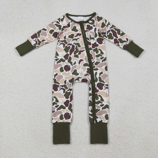 RTS NO MOQ （In stock）LR2590 Baby Boys Winter Rompers Deer Ducks Dogs Camo Southern Zipper Footie Rompers
