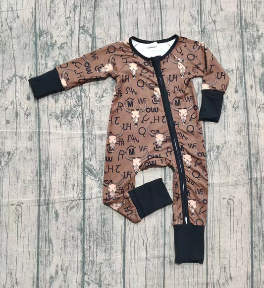 10.11 LR2591 Sample No Moq Baby Boys Brown Bull Skulls Western Zipper Footie Rompers