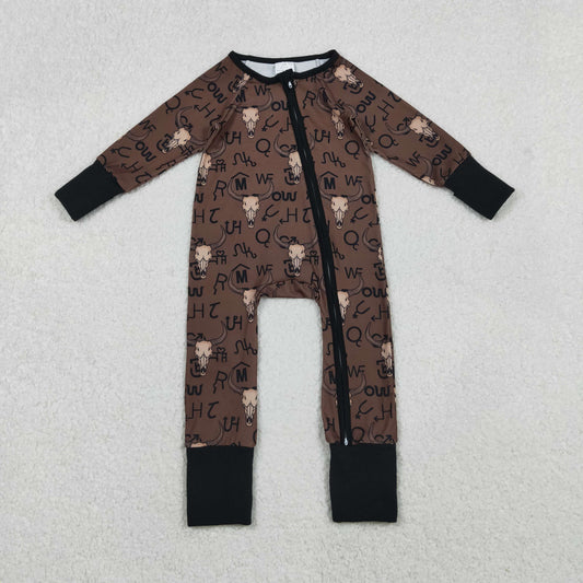 11.8 RTS NO MOQ （In stock）LR2591 Baby Boys Winter Rompers Baby Boys Brown Bull Skulls Western Two Way Zipper Convertible Rompers